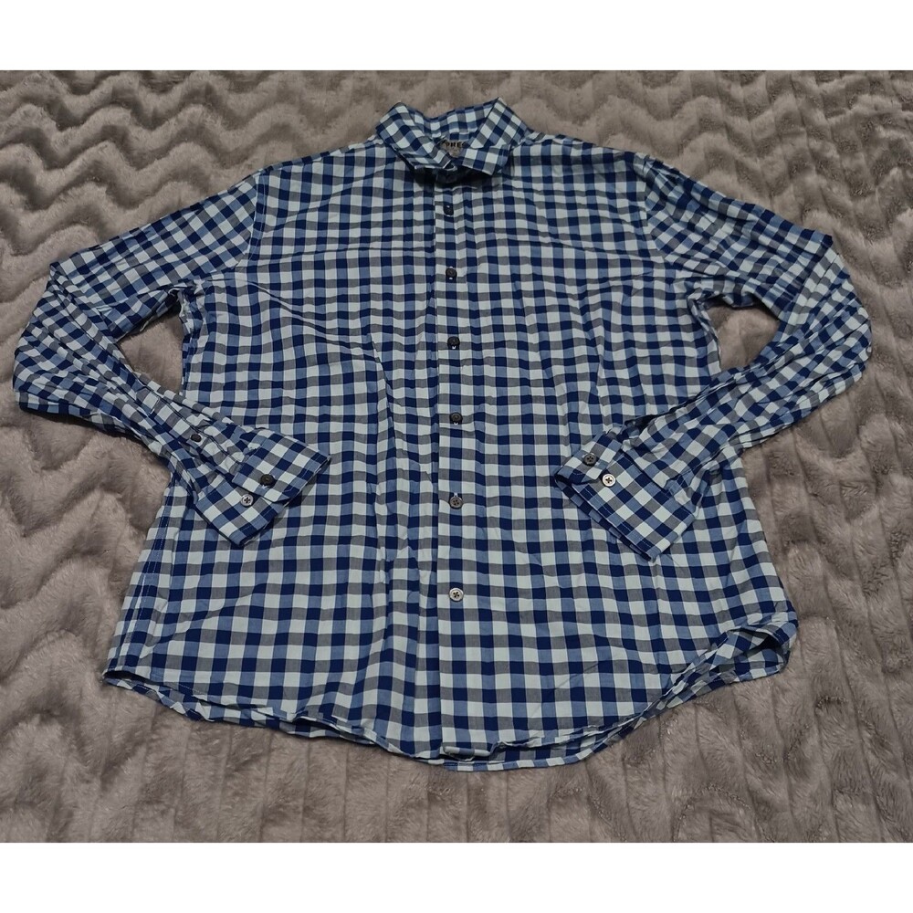 Express Mens Size L Blue Plaid Fitted Long Sleeve Button Up Shirt